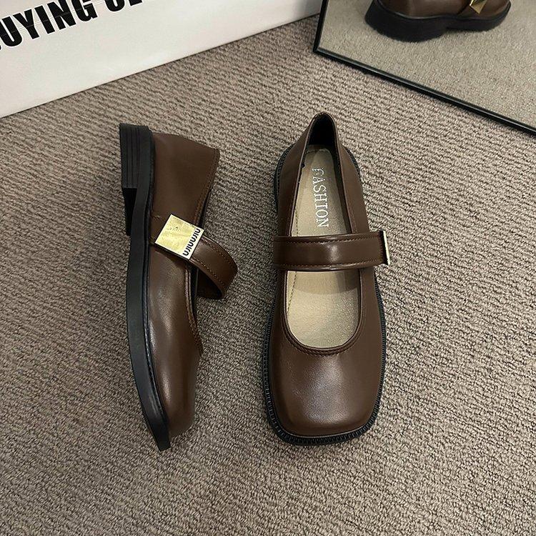 French Retro Brown Square Head Mary Jane Shoes Women's 2025 New Velvet Light Mouth Single Shoes Women's Flat Bottom Sweet Wind