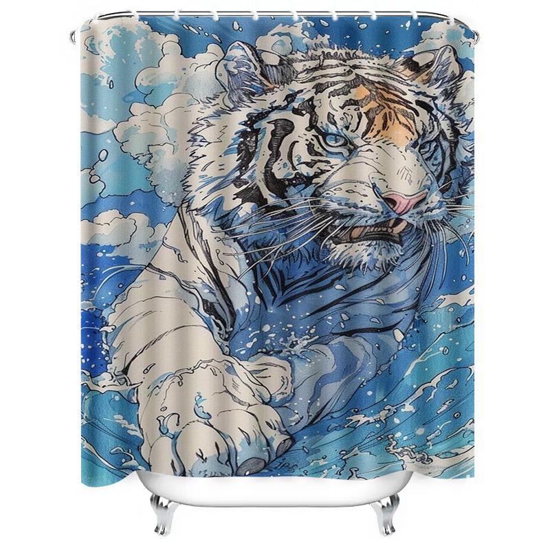 White Tiger In Waves Design Waterproof Shower Curtain Heat Resistant Machine Washable Non-Transparent 180x180cm