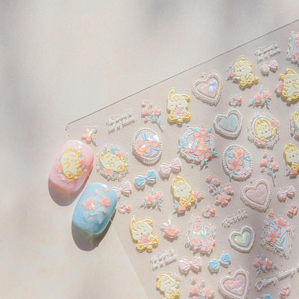 Tomoni 3D Geprägte Pfirsichblüte & Hase Nagelkunst Aufkleber - Japanischer Hot Style.