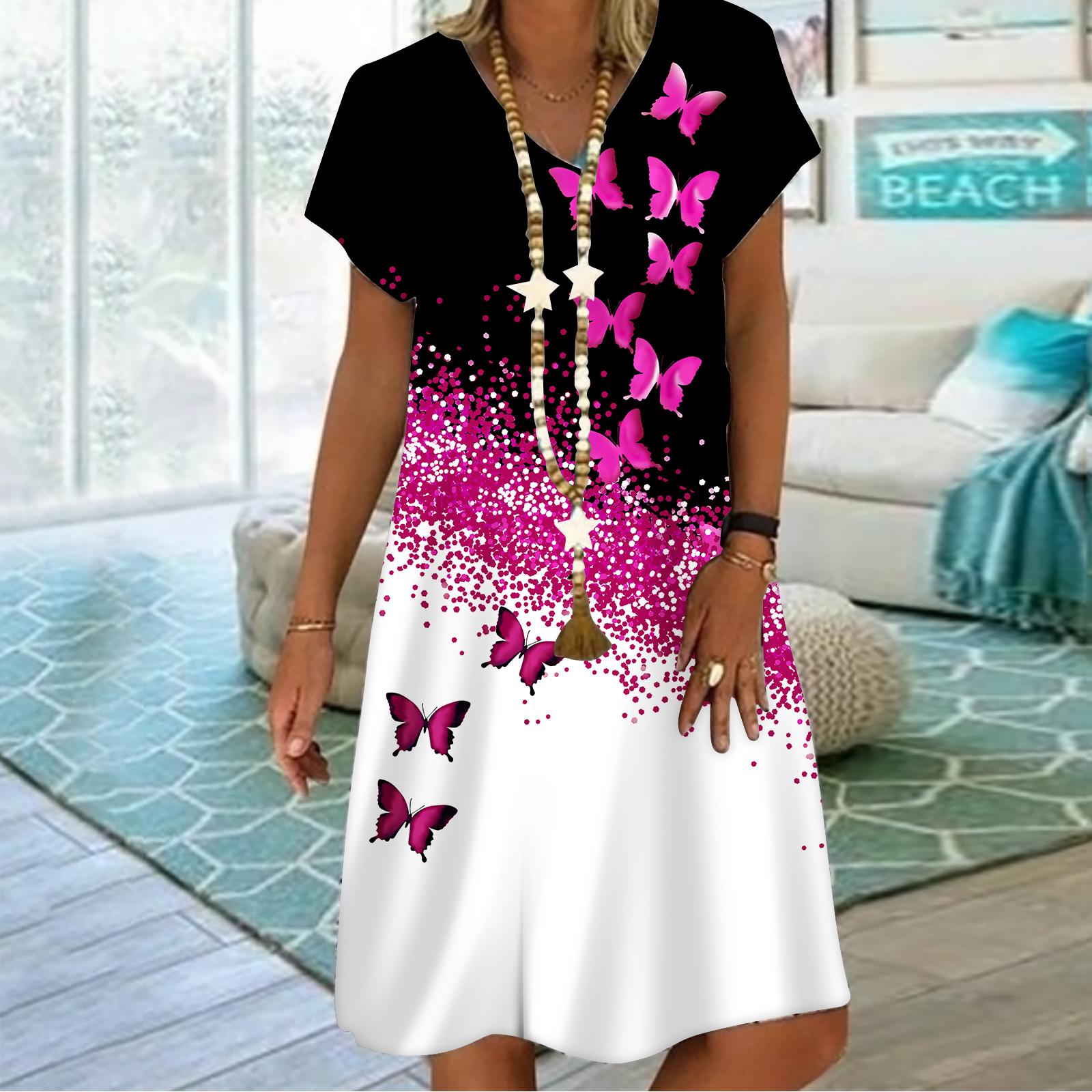 

Летнее модное платье с v-образным вырезом, женское синее платье с короткими рукавами и принтом бабочек и песка, свободное повседневное платье для женщин 7XL розовый