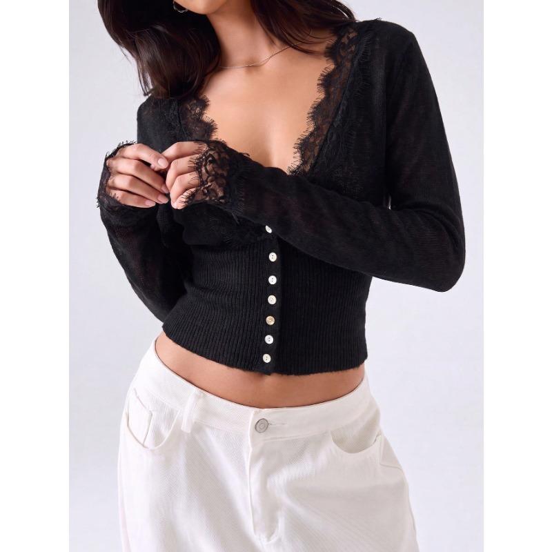 Womens Lace Trim Solid V Neck Long Sleeve Slim Fit Knit Cardigan Top