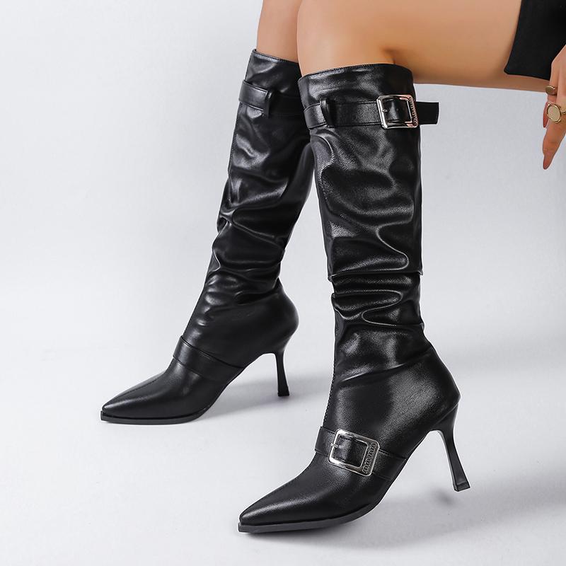 Fashion Sexy Black Pointed Toe Knee High Boots Women Fashion Belt Buckle Thin Heel Long Boots Woman Pu Leather High Heel Botas Mujer 42