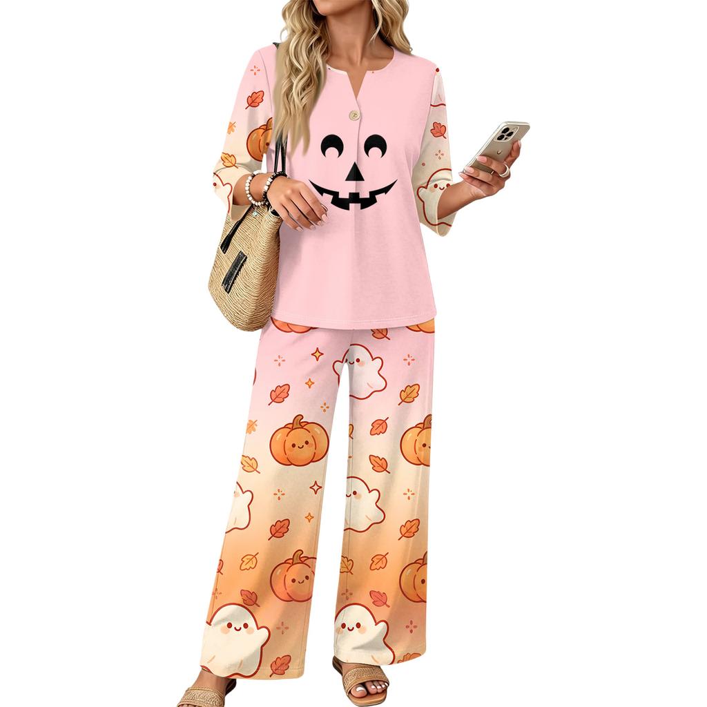 Women's Halloween Print 3/4 Sleeve Button Top and Wide Leg Pants Two-Piece Set for Casual Fall Outfits