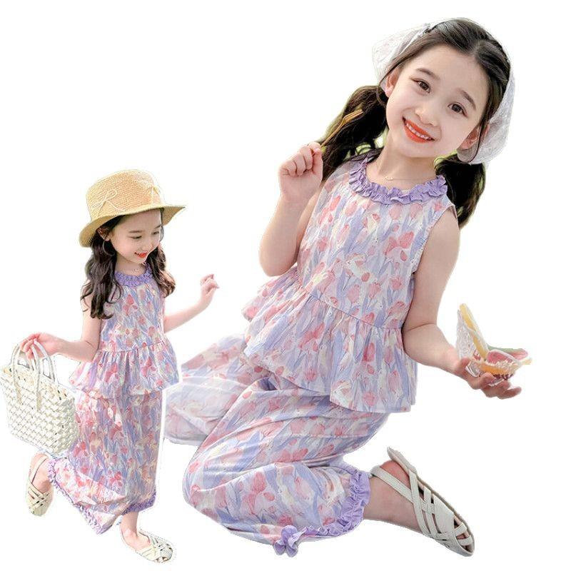 Summer 0-10 Years Girls Floral Printed Suit Baby Girl Sleeveless 2pcs Clothing Set