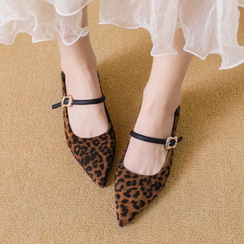 Fashion Leopard Pointed Toe Heeled Women Shoes 2025 New Autumn Shallow Buckle Loafers Classical Elegant Dress Pumps Zapatillas De Mujer