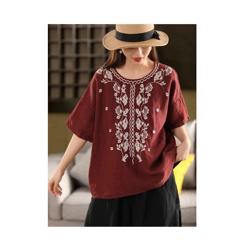 

Жіноча біла блузка з коротким рукавом, коричневою вишивкою, вільний повсякденний топ в етнічному стилі L червоний