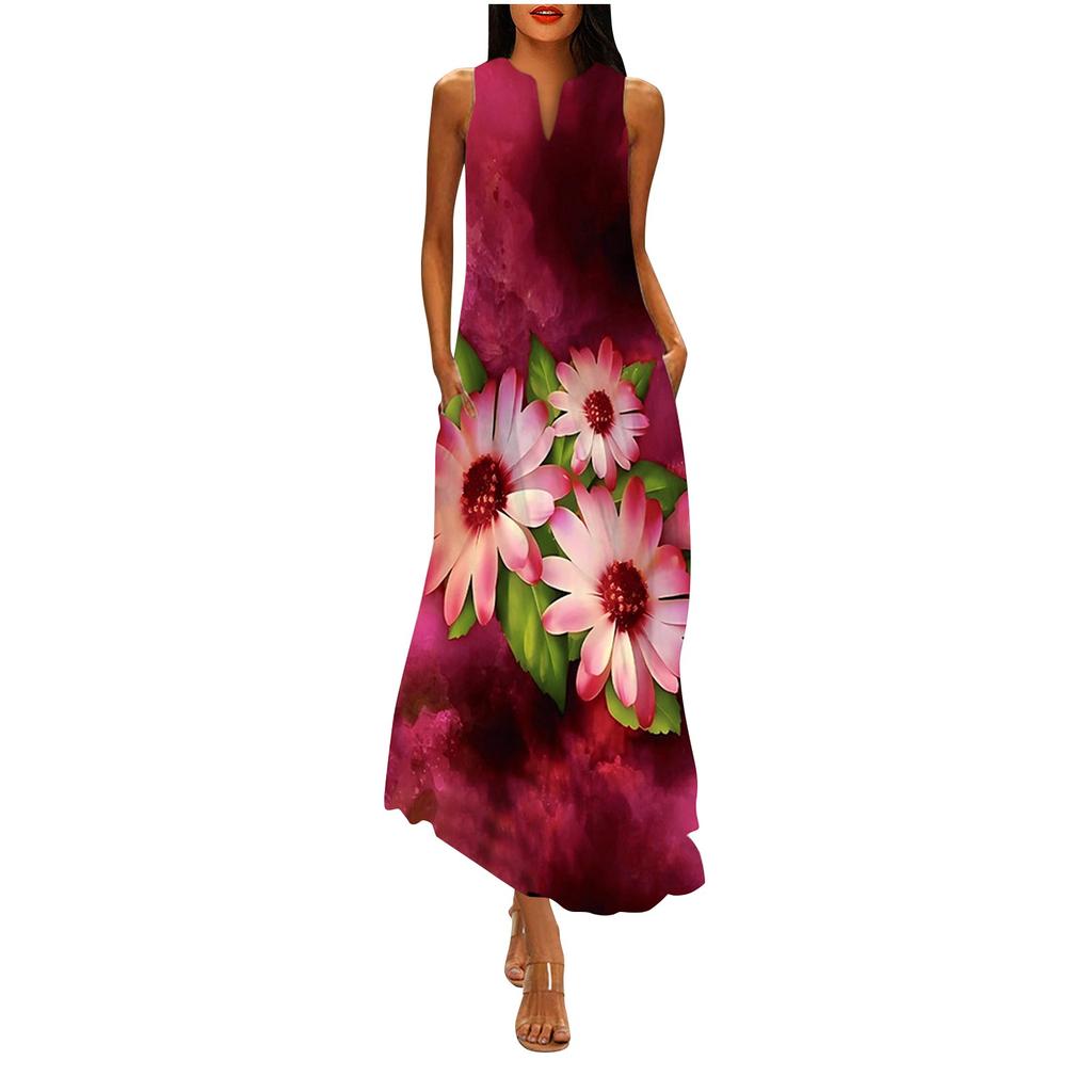 Women's Fashion Casual Retro Print V Neck Multicolor Long Sexy Sleeveless Dress