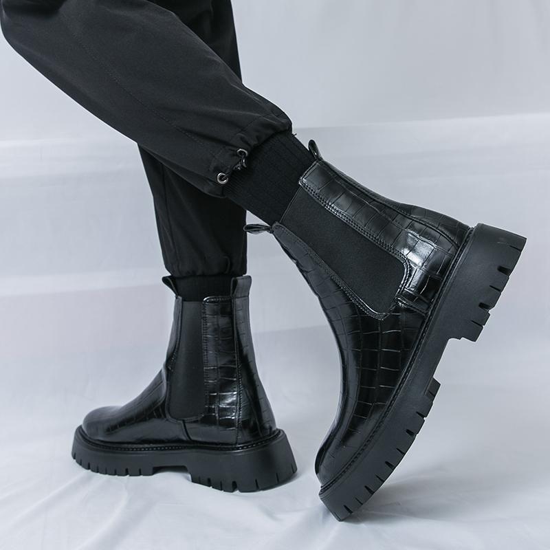 Men’s Retro Punk Thick Sole Platform Boots Black Chelsea Motorcycle Boots High Boots Plus Size