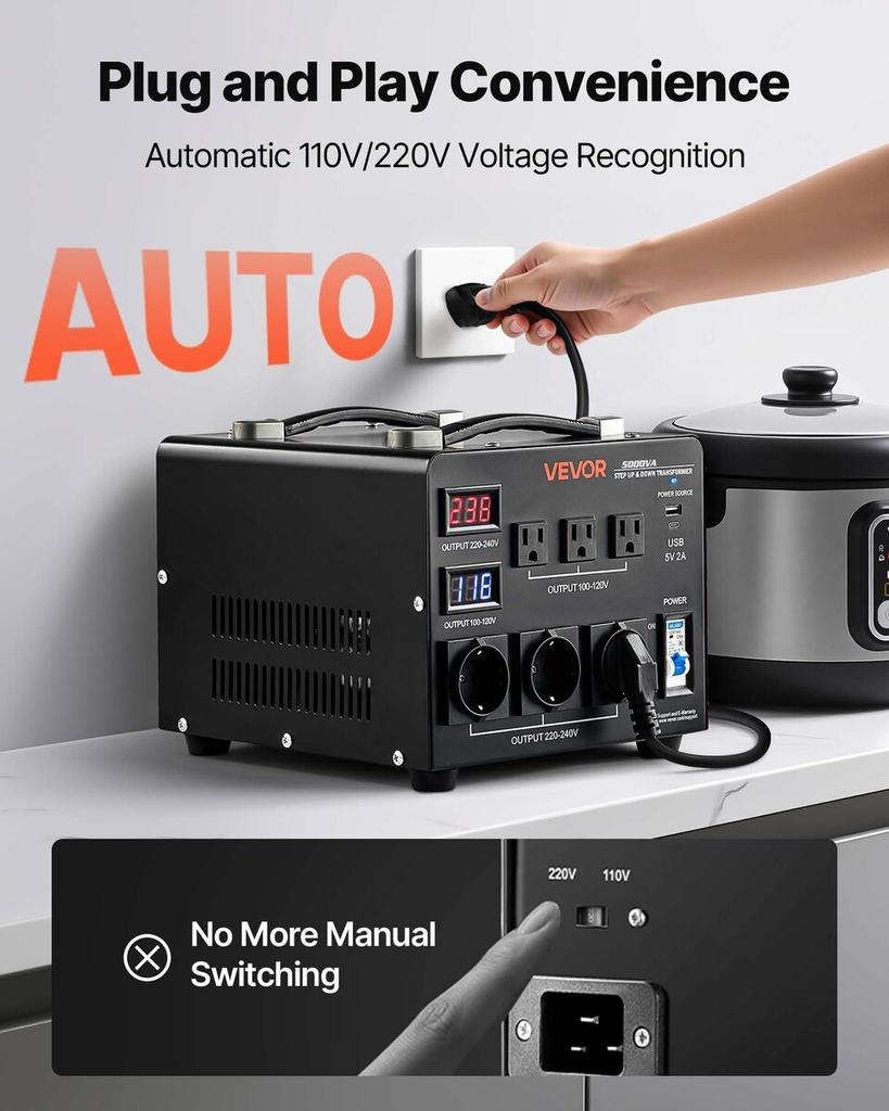 Transformador Convertidor de Voltaje Automático, 5000VA, Transformador de Potencia Elevador/Reductor de Servicio Pesado, 110V a 220V y 220V a 110V, con 3 Tomas de EE. UU., 3 Tomas de UE,