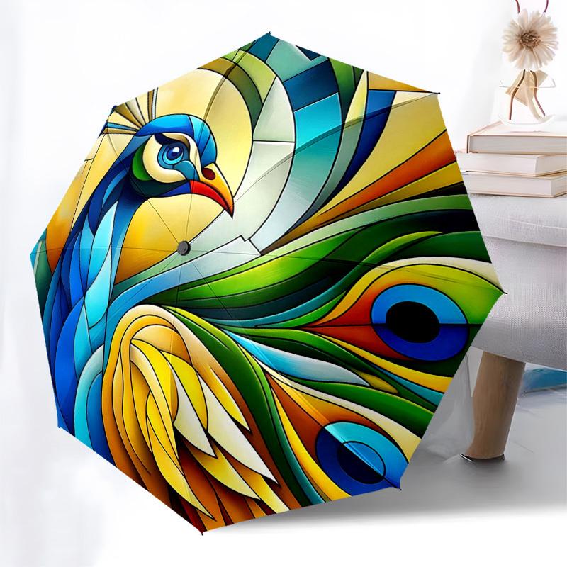 

1pc Stained Glass Peacock Design Automatic Folding Umbrella - Portable 3-Fold Design with 8-Bone Iron Frame, Outdoor for Fans, Travelers, Daily Use, F