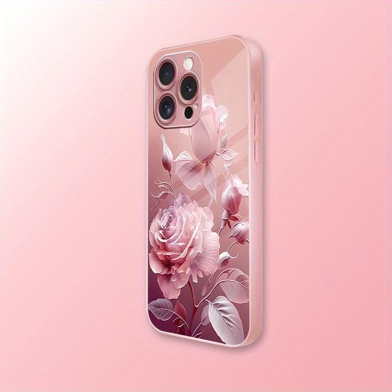 Luxury Pink Rose Pattern Pink Metallic Paint Glass Hard Phone Case For iPhone 17 16 15 14 13 12 11 Pro Max Plus 16E 17Air Cover