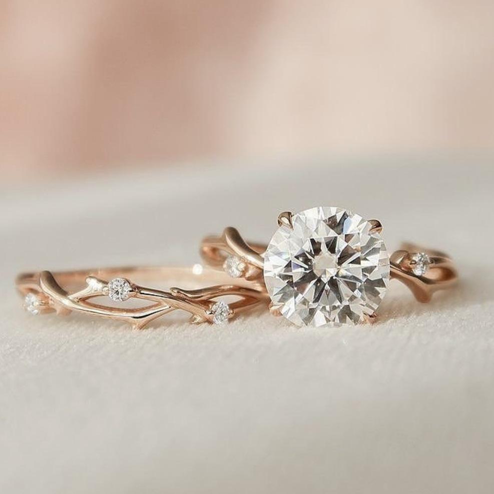 2024 Twin Branches Zircon & Rose Gold Simulated Diamond Ring for Women