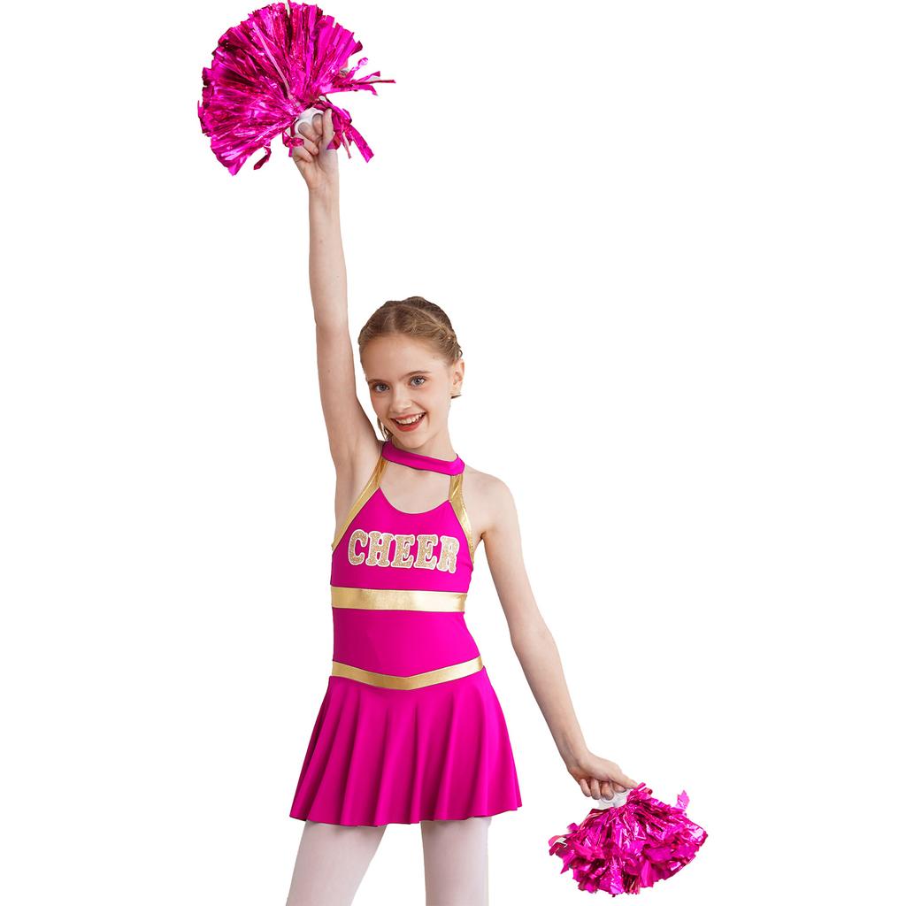 Girls Sleeveless Letters Printed Patchwork Hollow Back Dress Tassel Flower Balls Pair Cheerleading Dance Costume