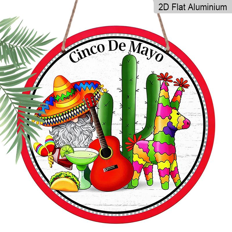 

2D Flat, 1pc Round Aluminum Hanging Sign - Cinco De Mayo Fiesta Metal Wall Art, Cute Sombrero Gnome, Pinata & Margarita Design, Perfect for Mexican 7.87x7.87inch