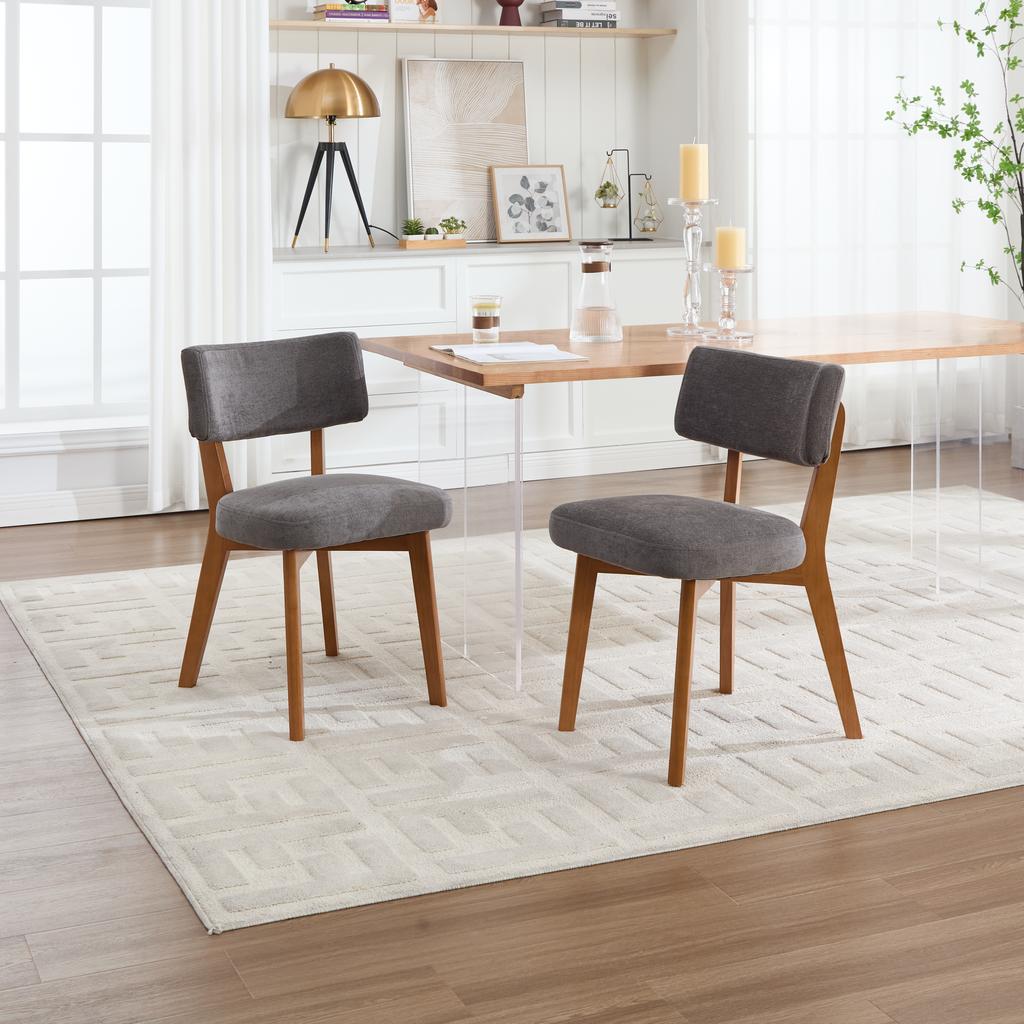 Modern Mid-Century Style Dining Chair Set of 2, Solid Wood Legs Fabric Upholstered Seat for Kitchen, Dining Room or Office (gray Linen Fabric)