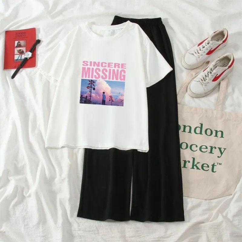 

Женский летний повседневный костюм из 2 предметов, футболка с короткими рукавами и свободные брюки, комплект из двух предметов, студенческий костюм с широкими брюками M белый