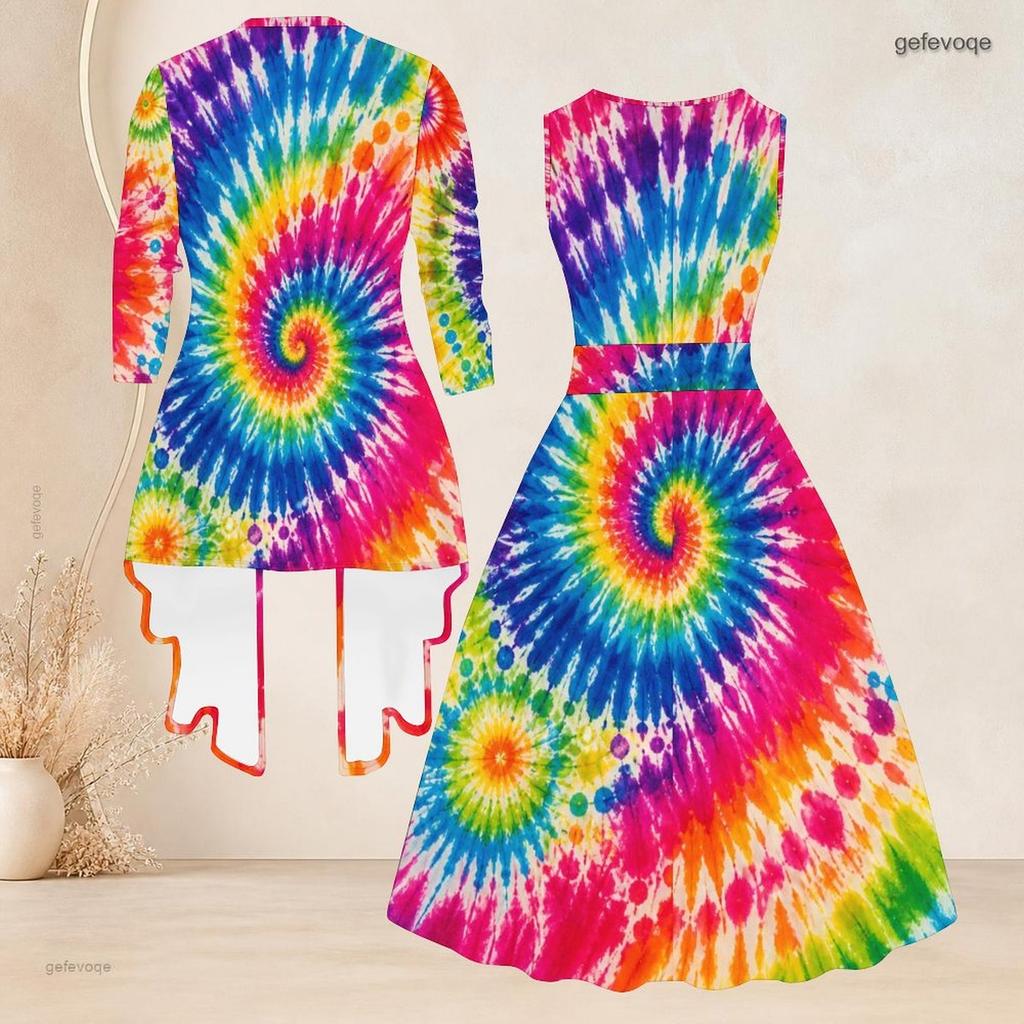 Women Plus Size Two Piece Set Black Multicolor Printed Three Quarter Sleeve Open Cardigan Sleeveless Crew Neck Tie Waist Flared Dress