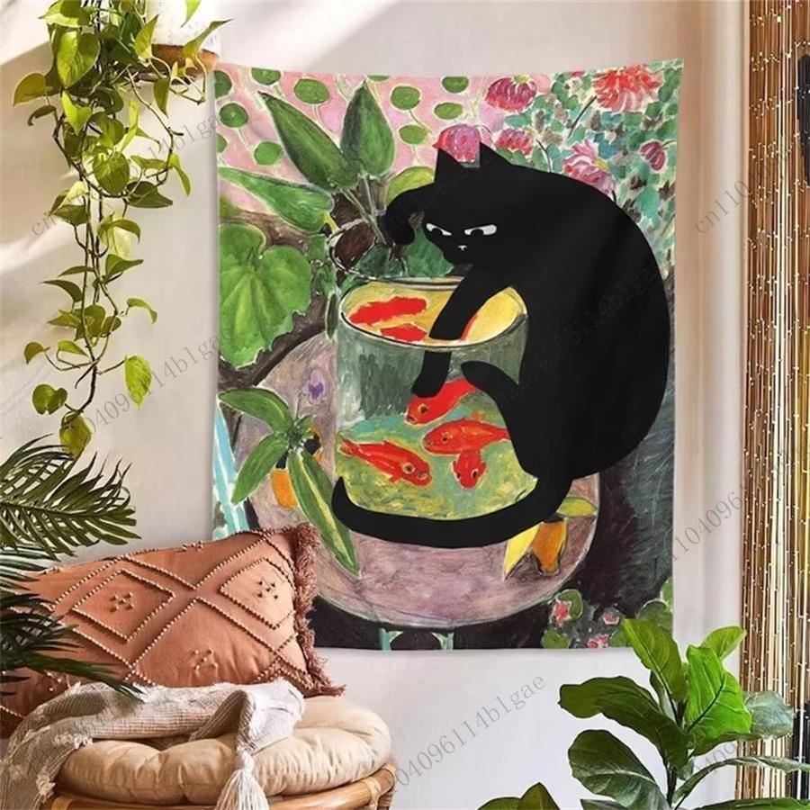 Playful Cat Art Decor Lighthearted Animal Encounter Hanging Headboard Aesthetic Room Decoration Background Cloth