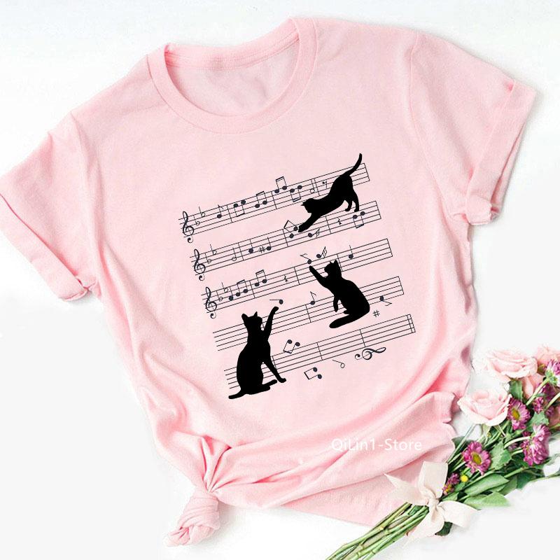 Camiseta De Gato Con Nota Musical Negra Para Mujer, Blusa Rosa Para Mujer, Camiseta Con Estampado De Gatito Encantador, Camiseta Para Mujer