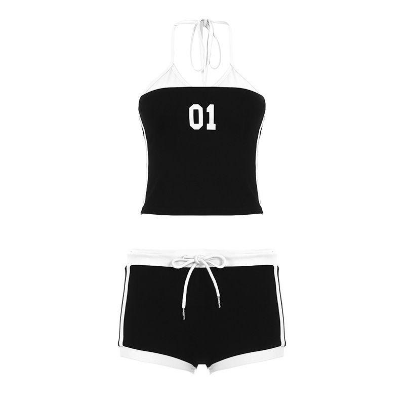 

2025 Patchwork Contrast Color Number Print Fake Two Pieces Hanging Neck Small Sling Medium Waist Drawstring Shorts Sexy Sports Set Black White S