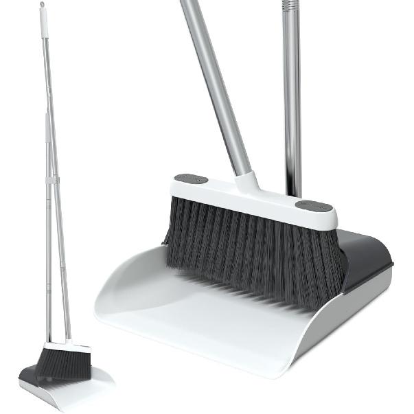 Stand Up Dustpan and Broom Set 50” Long Handle Broom with Dust Pan, 20° Angled for Ergonomic Home Office Indoor Sweeping
