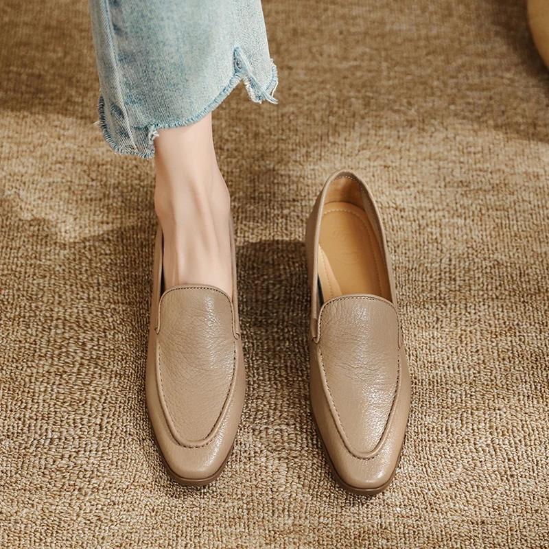 Fashion 2025 New Spring Sheepskin Women Shoes Round Toe Women Pumps Med Heel Loafers Fashion Casual Genuine Leather Mules Ladies Shoes