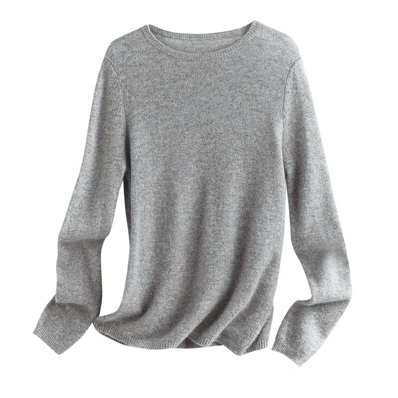 PALUOPO Women's Rhinestone Round Neck Cashmere Pullover Sweater
