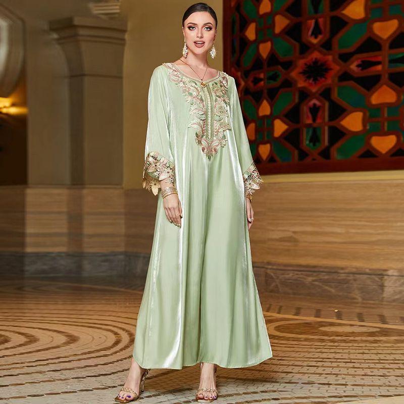 

New Ethnic Style Patchwork Lace Embroidery V-neck Slim dress V-Neck Embroidered Dress Mint Green 2XL