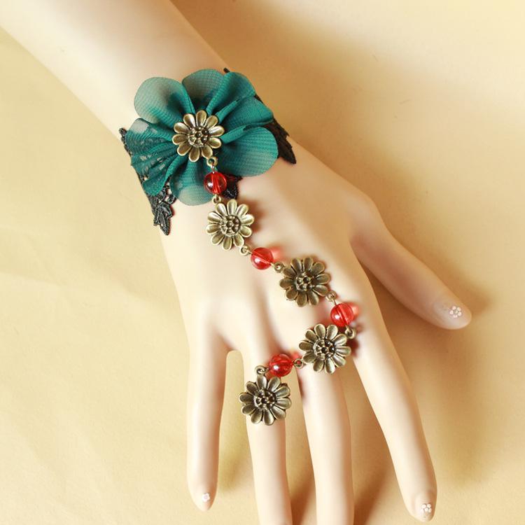 Gothic Peacock Green Lace Hand Jewelry: Chiffon Flower Bracelet with Red Crystal Ring for Women Electroplated