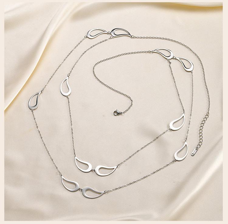 Women's Double Layer Necklace Long Chain Stainless Steel Hollow Teardrop Pendant Silver Color Layered Jewelry