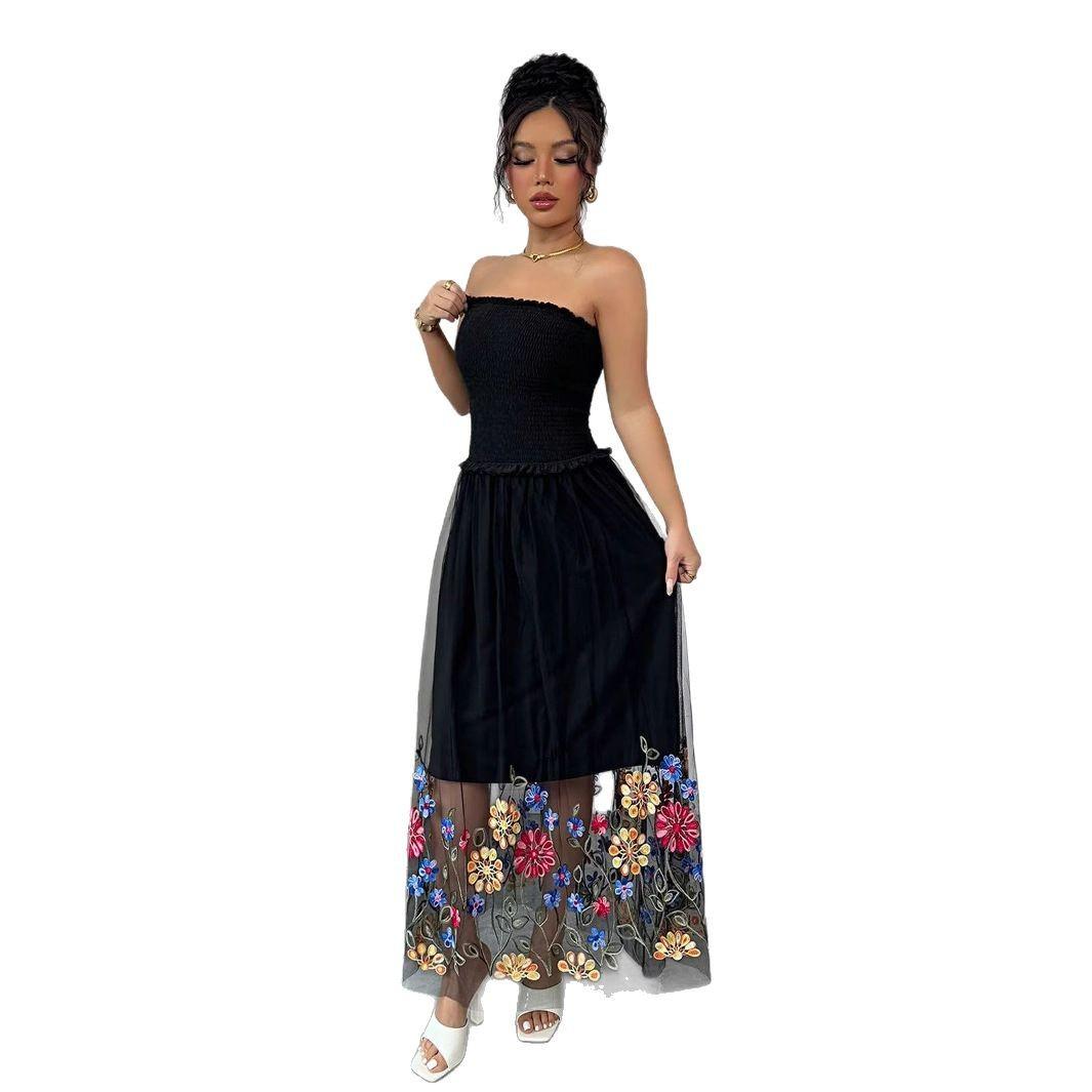 Summer Women Sexy Floral Embroidery Tube Top Maxi Dress Casual Minimalist Mature Style French Retro Patchwork Slim Sexy Elegant Women Maxi Dress S чёрный