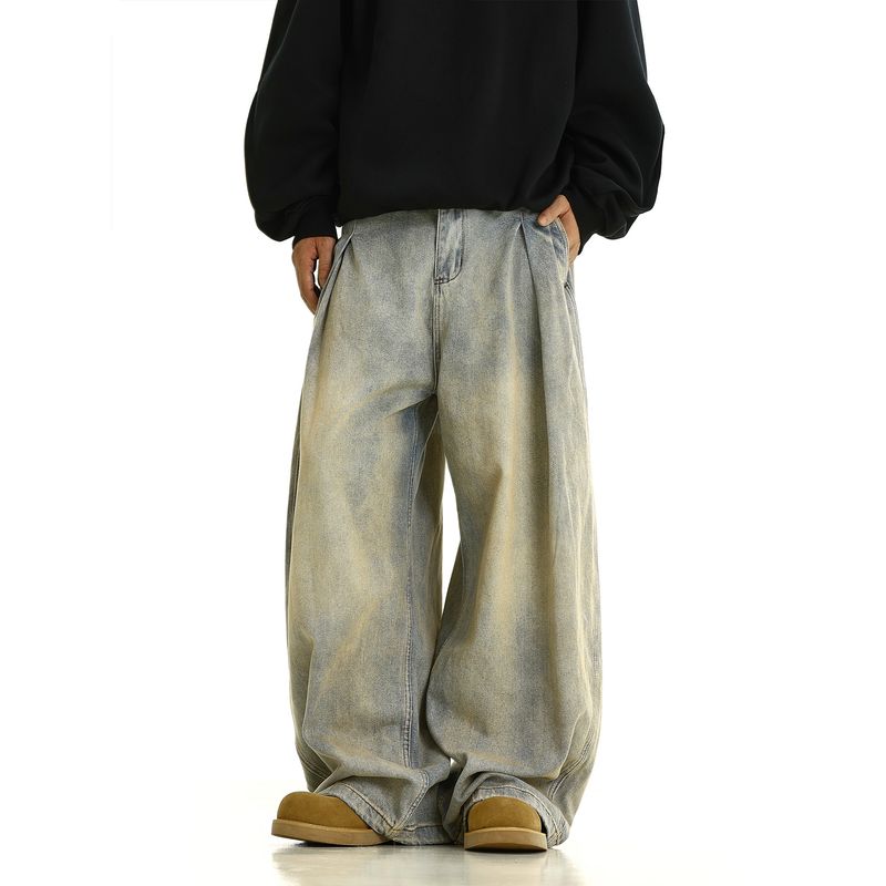 American-Style Design, Niche Pleated Washed Straight-Leg Jeans for Men, Lazy Style, Loose Wide-Leg Couple's Floor-Length Pants