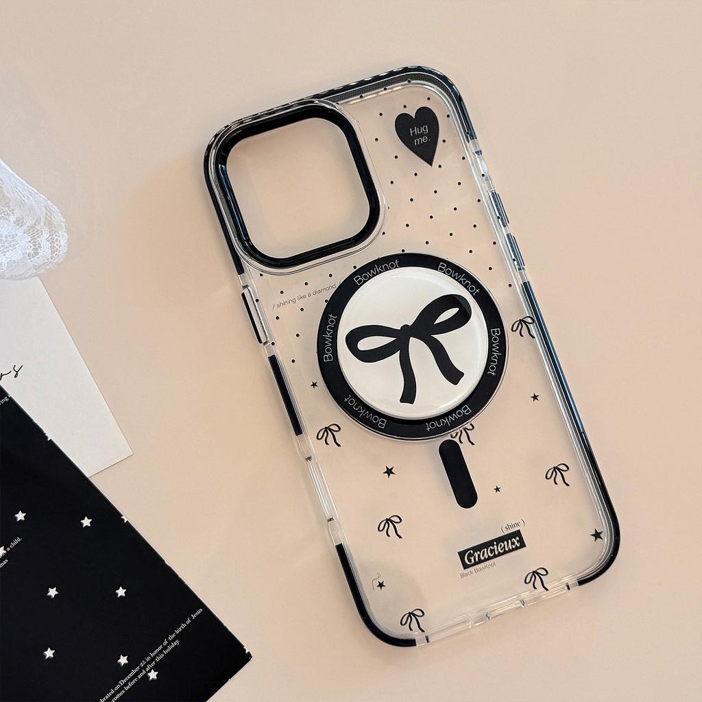 Polka Dot Bow Magnetic Suction Bracket Suitable for IPhone16 Mobile Phone Case 15Promax Transparent 13 Advanced 12 Anti Fall