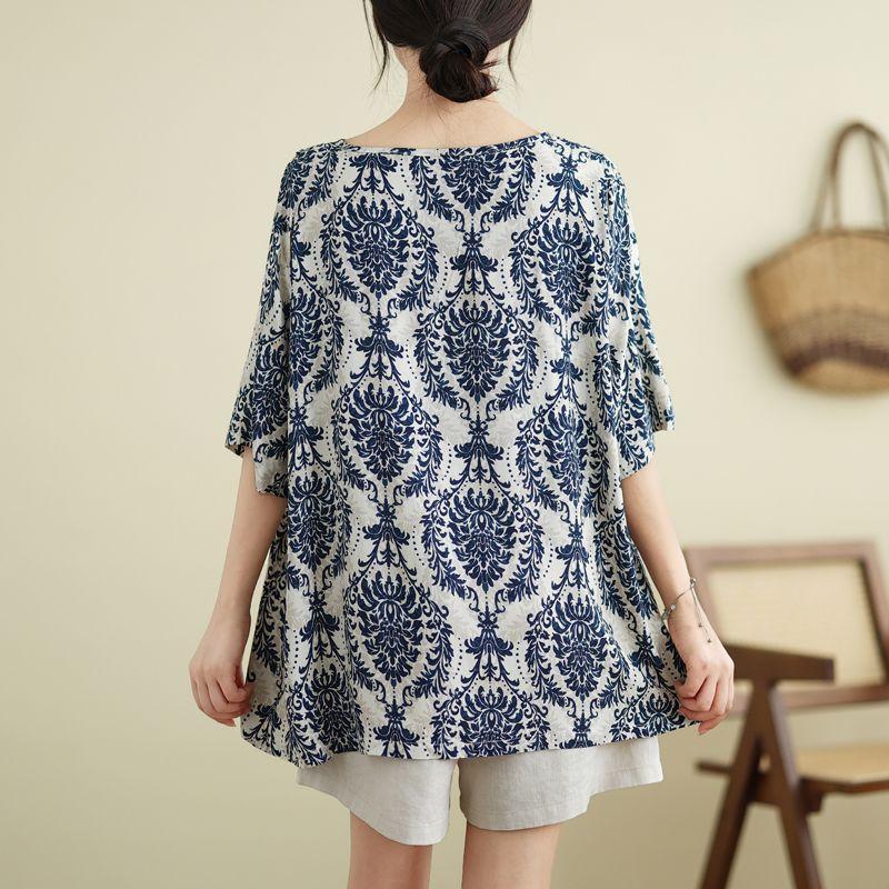 Haut décontracté d'été pour femme, vintage, imprimé floral, ample, col rond, manches courtes