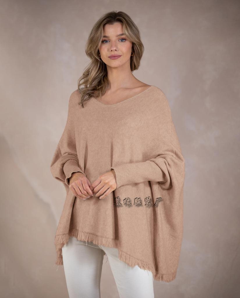 Autumn and winter European and American popular pullover sweater solid color loose top one-neck knitted sweater