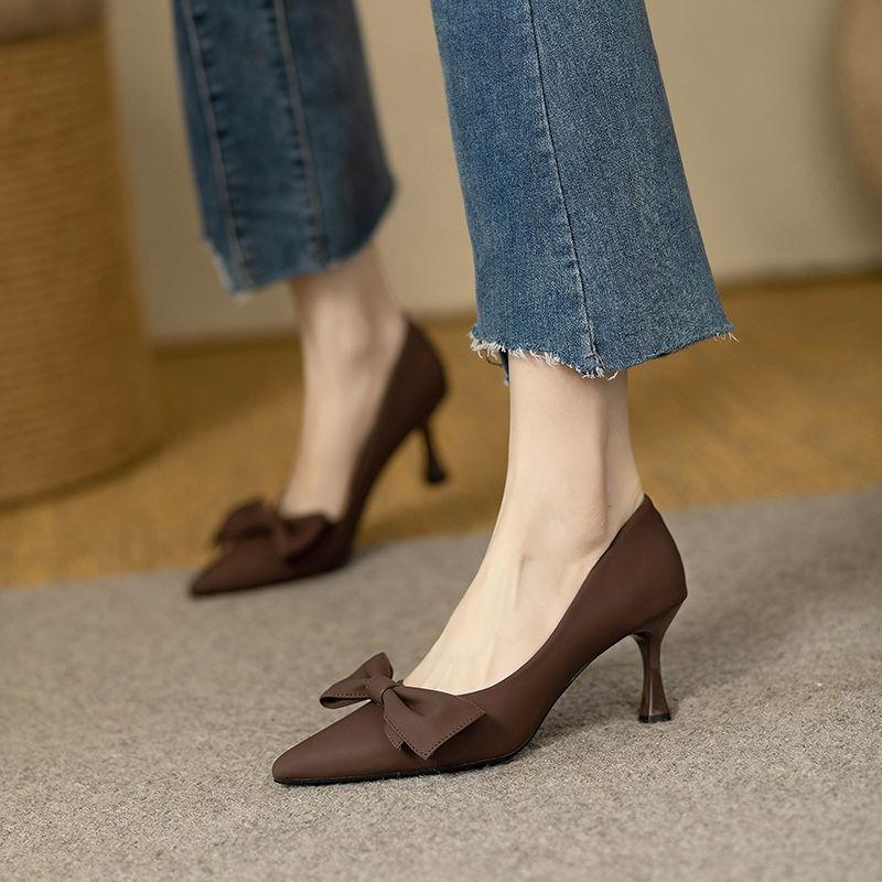 

Fashion Retro High Heel With Bow Shoes for Women Pointed Toe Stilito Woman Pumps Summer 2025 Quick Delivery Discount 39 Slip On Footwear 35