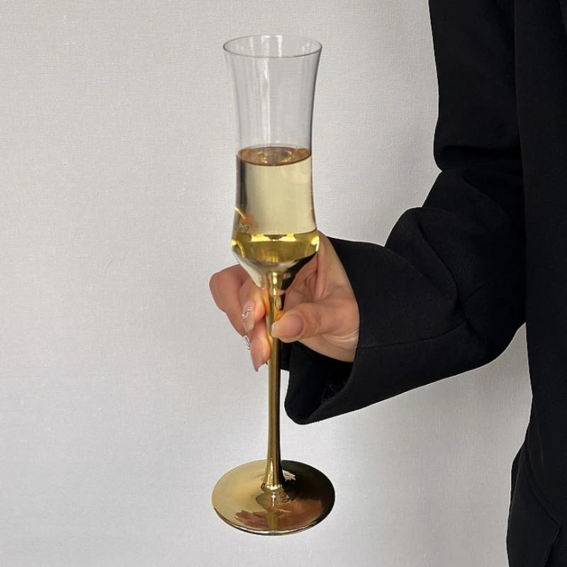 French Elegant Waisted Champagne Flutes - Stemmed Crystal Glass Wine Cups, Gold-Plated Rim Bubble Design for Wedding/Party Gift