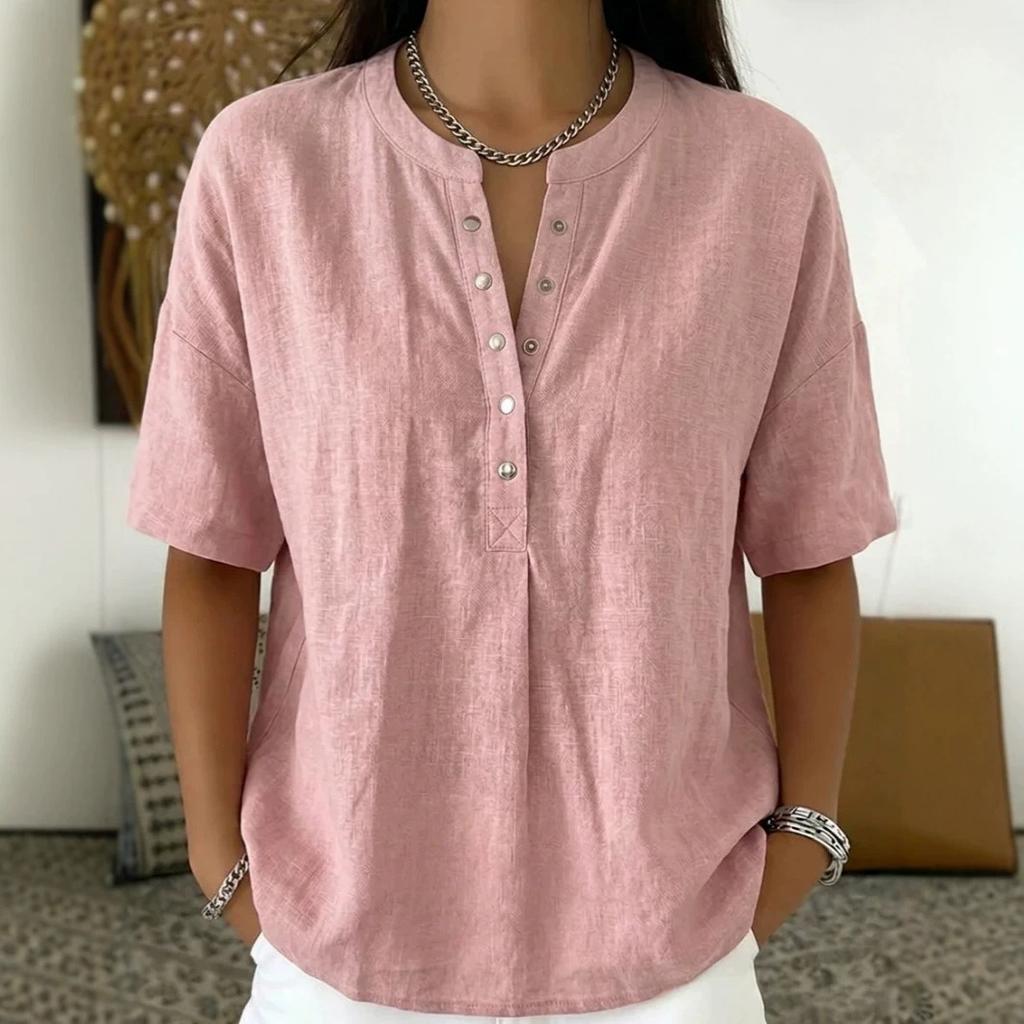 Women's Linen Blend Henley Neck Short Sleeve Casual Shirt