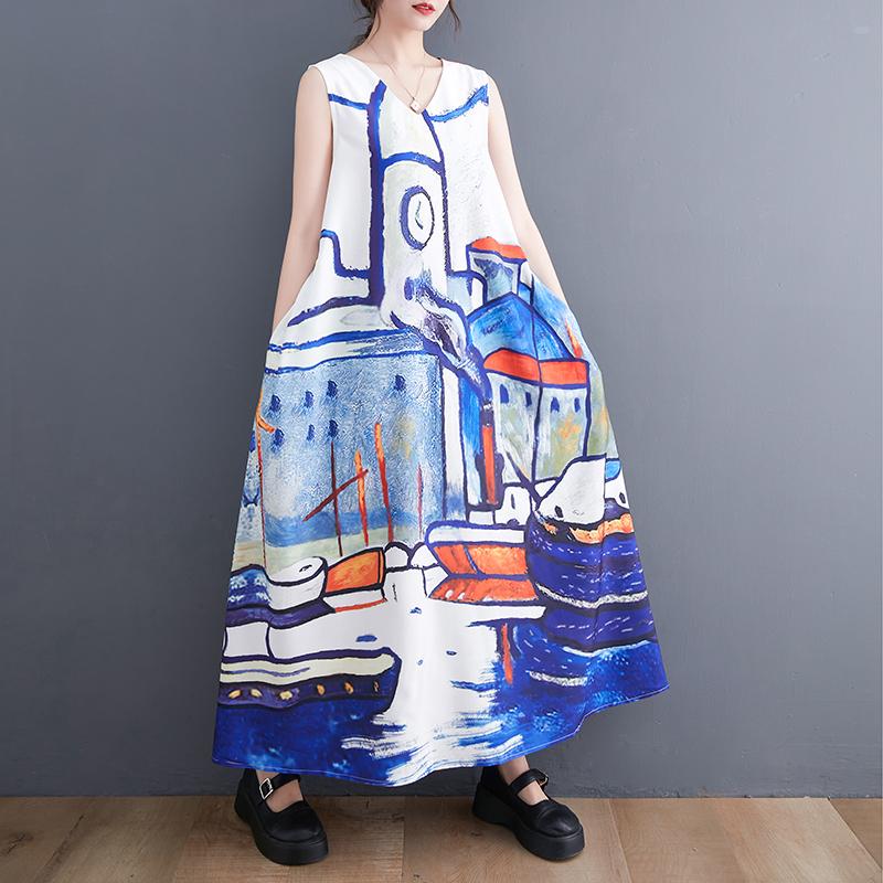 

DIMANAF 2023 плюс размер, новое летнее стильное платье-рубашка с узором, жилет, женское свободное платье без рукавов, длинное платье большого размера, оверсайз ONE SIZE белый