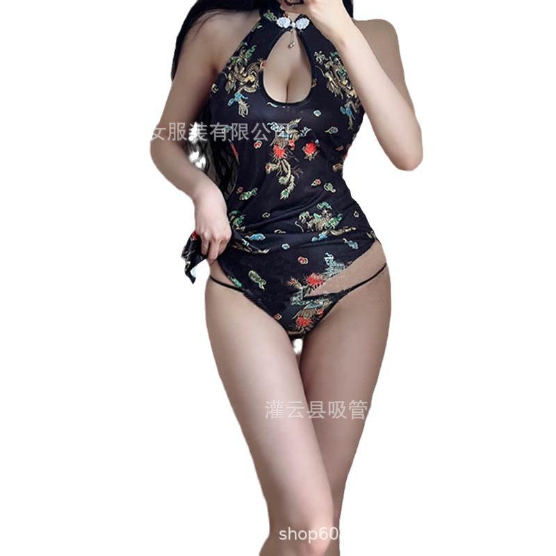 Sexy underwear improved retro new Chinese printing slit sleeveless nightclub tight neck