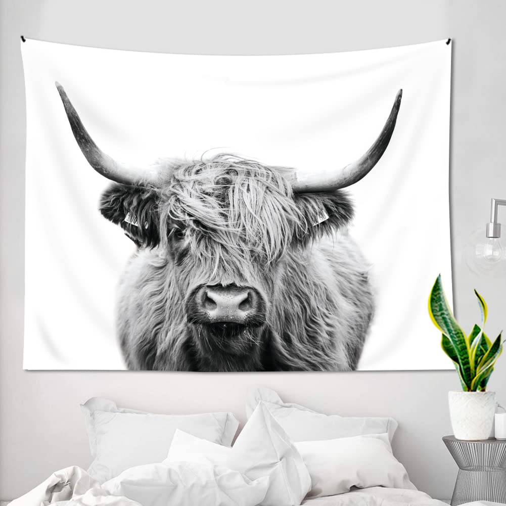 Cute Highland Cattle Close-Up Wall Hanging Tapestry, Grayscale Country Scenery Print Cloth, Unique Aesthetic Decor For Indoor