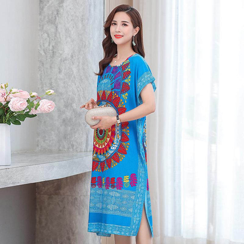 Summer Cotton Silk Loose Fit Mid-Length Bat Sleeve Dress for Women - Plus Size, Belly Covering, Slimming Beach Dress for Moms