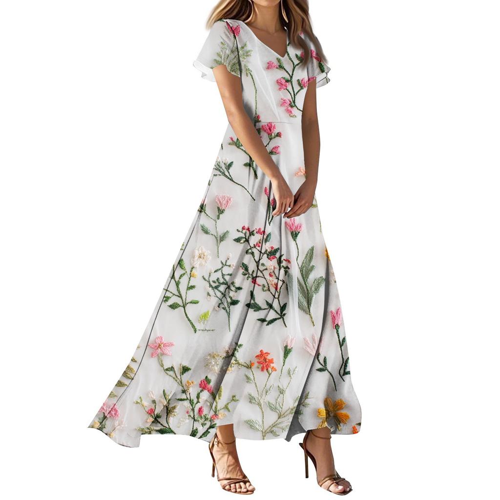 Damen Sommer Blumenmuster V-Ausschnitt Kurzarm Maxikleid Fließendes A-Linien Maxikleid Bohemian Urlaubs Strandkleid