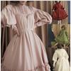 Women's loose standing lace long sleeve button cos clothing solid color sweet lantern sleeve knee-length dress
