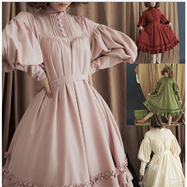Women's loose standing lace long sleeve button cos clothing solid color sweet lantern sleeve knee-length dress