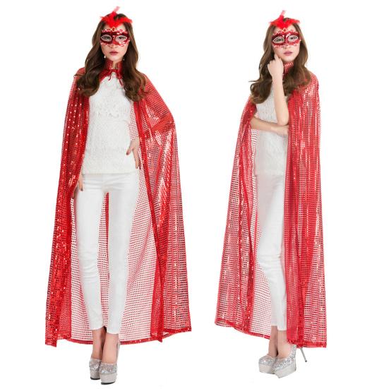 Adult Long Paillette Cape for Women Halloween Party Sequin Cloak Costume Full Length Witch Cosplay Robe for Role-Playing Stage Performances