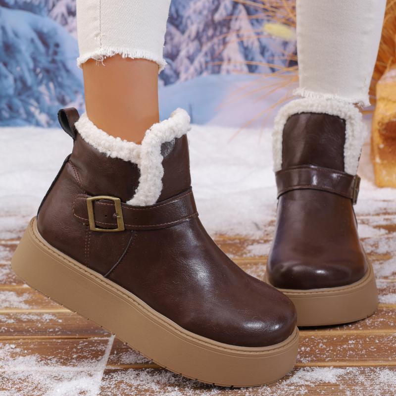 Thick Bottom Waterproof Pu Snow Boots Women 2025 Winter Metal Buckle Chunky Platform Furry Ankle Boots Warm Plush Casual Shoes