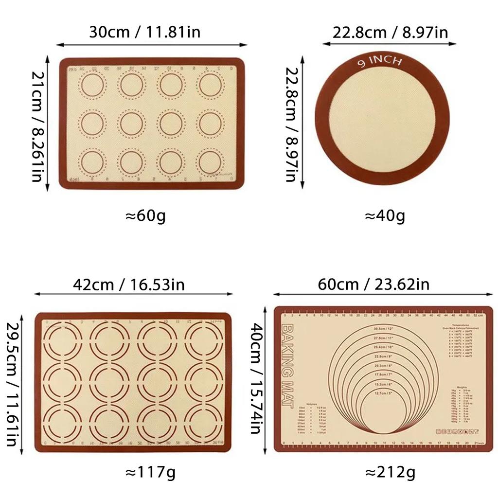 Bakmattor i silikon, 4 storlekar, Återanvändbar halkfri non-stick ugnslinerark, Stor bakmatta, för pizza, macaroner, kakor, tårta