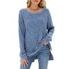 Women's Round Neck Long Sleeve Knit Top Loose Fit Commuter Style Brushed Ribbed Split Hem Casual Pullover Tunic Top