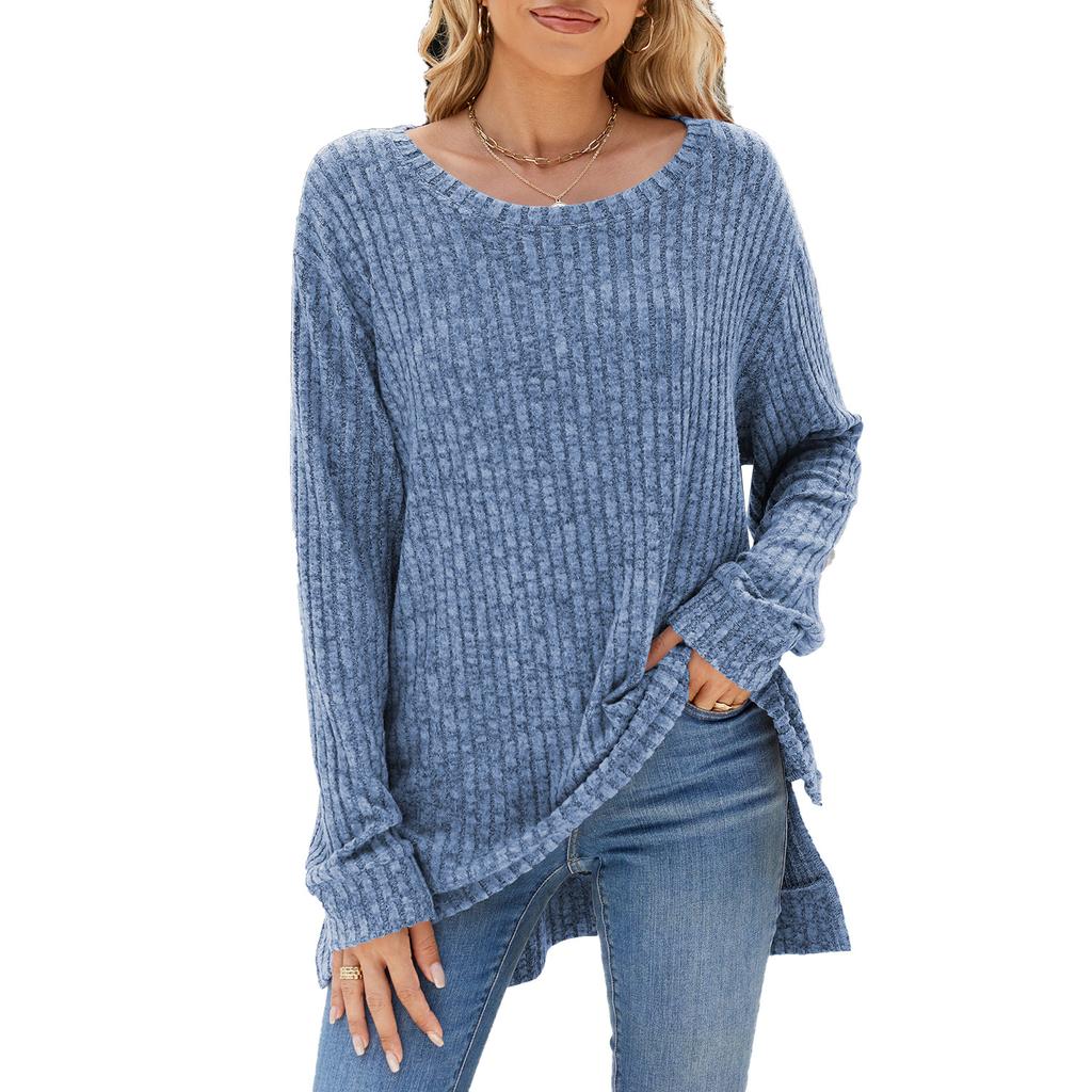 Women's Round Neck Long Sleeve Knit Top Loose Fit Commuter Style Brushed Ribbed Split Hem Casual Pullover Tunic Top
